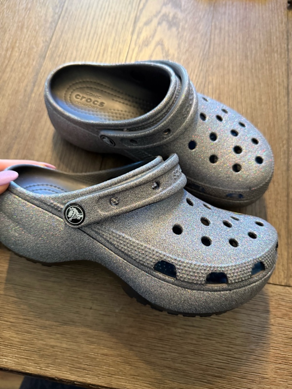 Platform black sparkly crocs